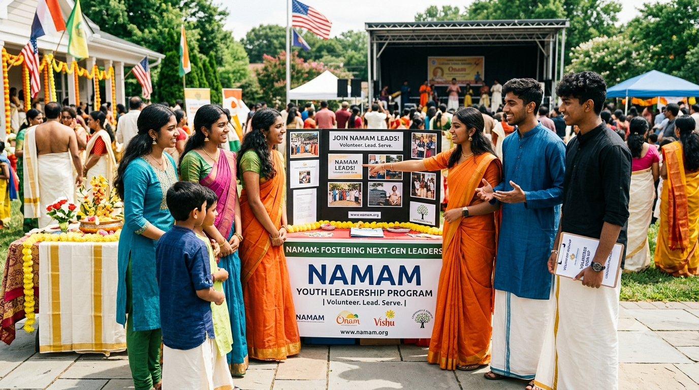 A group of Indian American youth volunteers presenting information about the NAMAM leadership program at a bustling outdoor cultural festival.